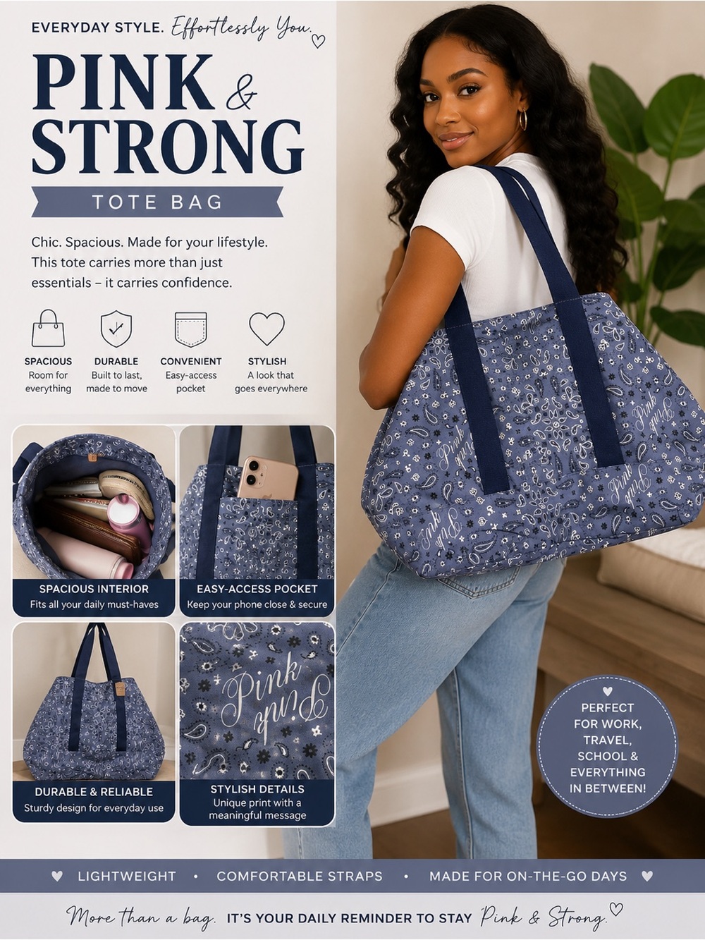 PINK Victoria's Secret Blue Paisley Tote with Navy Straps